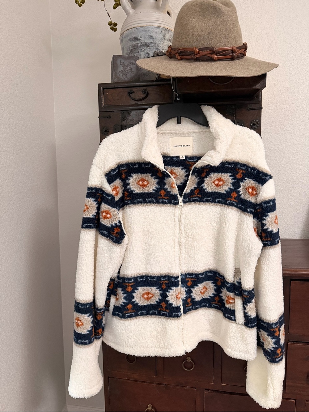 LUCKY BRAND Cozy Sherpa fleece Zip jacket sz M Aztec western cowgirl ranch life